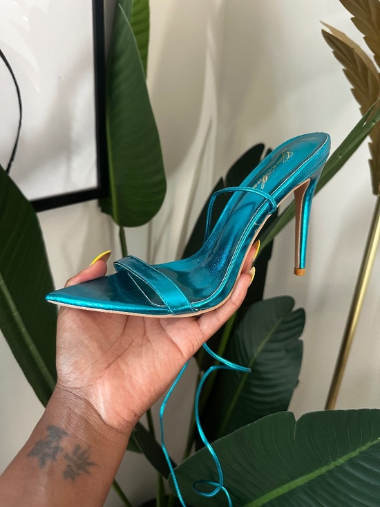 Shoes - Metallic Blue Lace-Up Pointed-Toe Stiletto Heels
